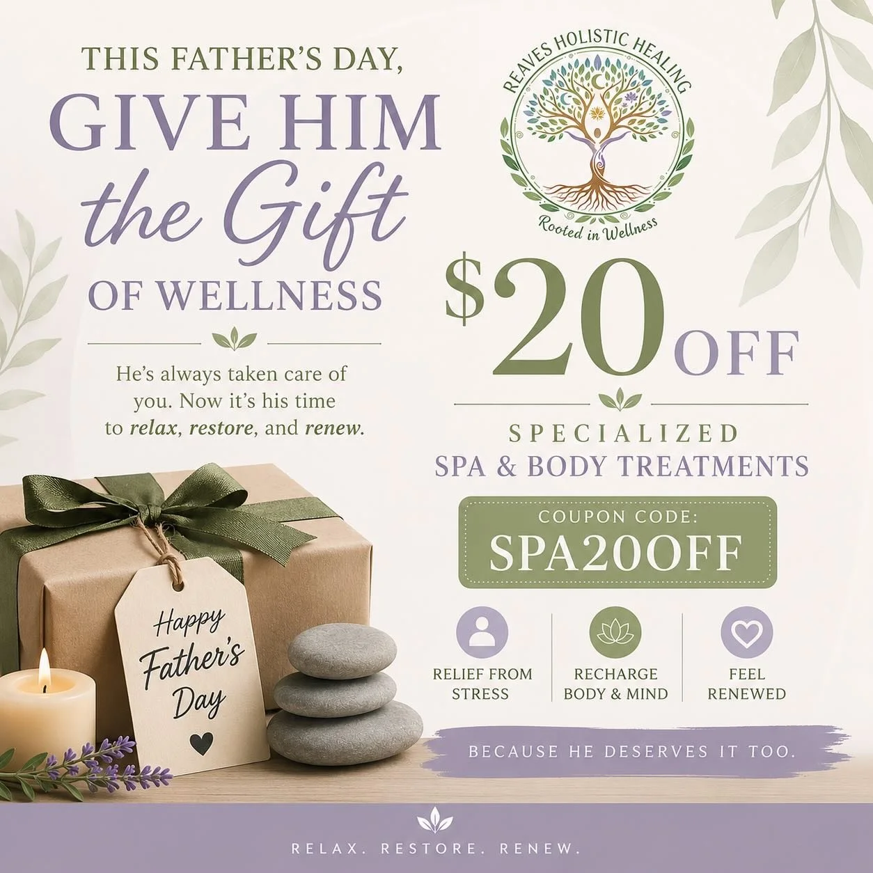 🎁 This Father&rsquo;s Day, give Dad something he truly deserves &mdash; time to relax, restore, and renew.

Whether he&rsquo;s been working hard, adventuring outdoors, or always putting others first, help him recharge with one of our specialized spa