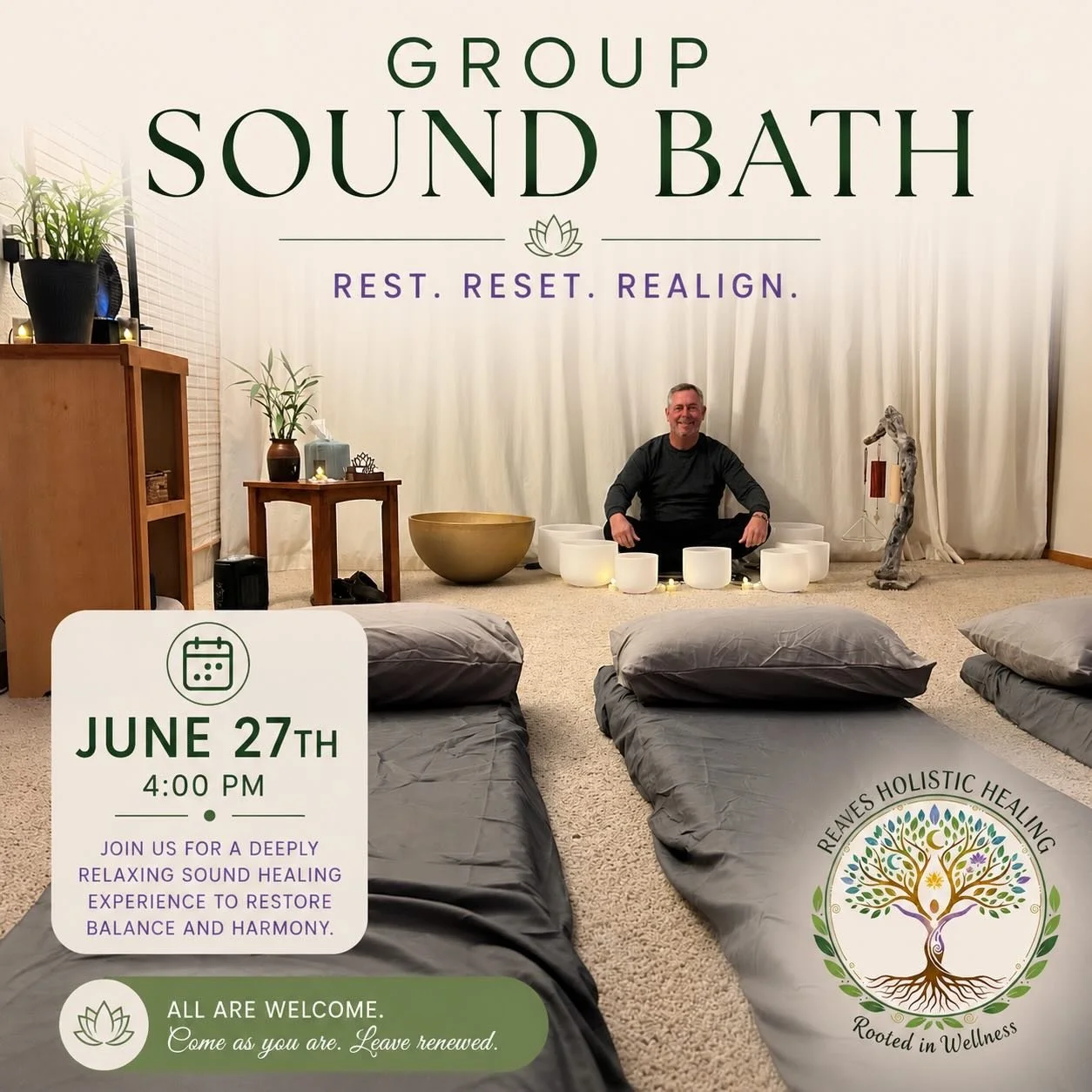 ✨ GROUP SOUND BATH ✨

Only a few spots left for this Saturday at 4 PM! Join us for a peaceful sound bath experience designed to help you rest, reset, and realign.

🌿 Benefits of Sound Bath:
&bull; Promotes deep relaxation
&bull; Helps reduce stress 
