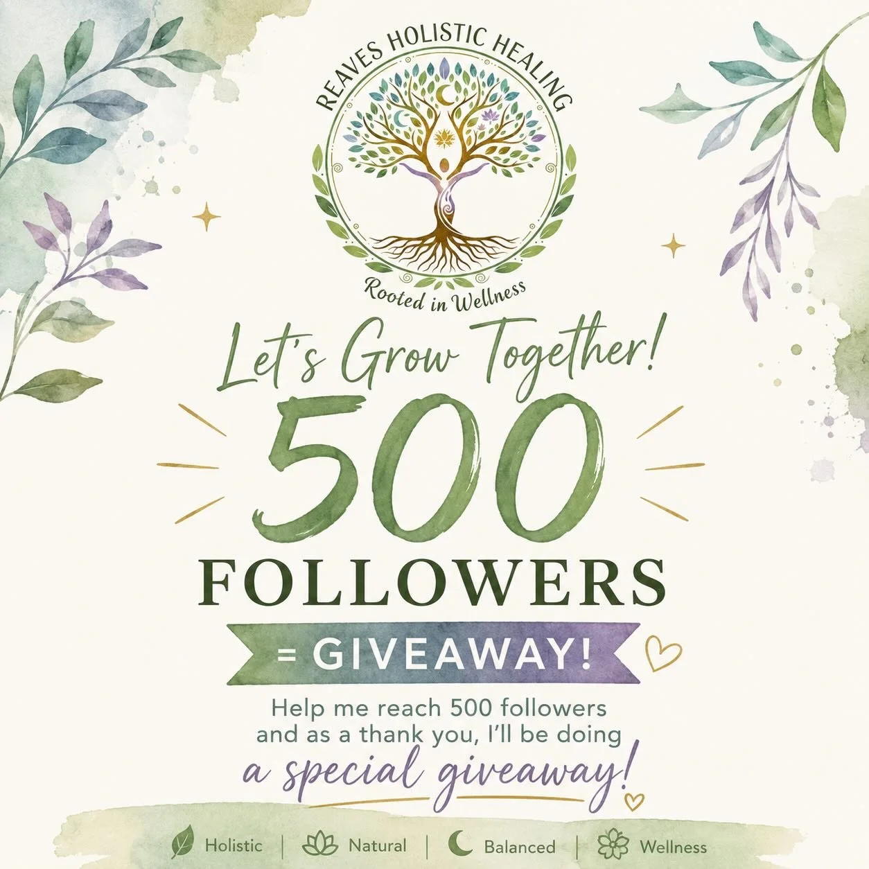 Hey everyone I need your help! 😁

We&rsquo;re growing our amazing wellness community and I need your help reaching 500 followers! 🌿💚

Once we hit 500 followers, I&rsquo;ll be doing a special giveaway as a thank you for all the love and support you