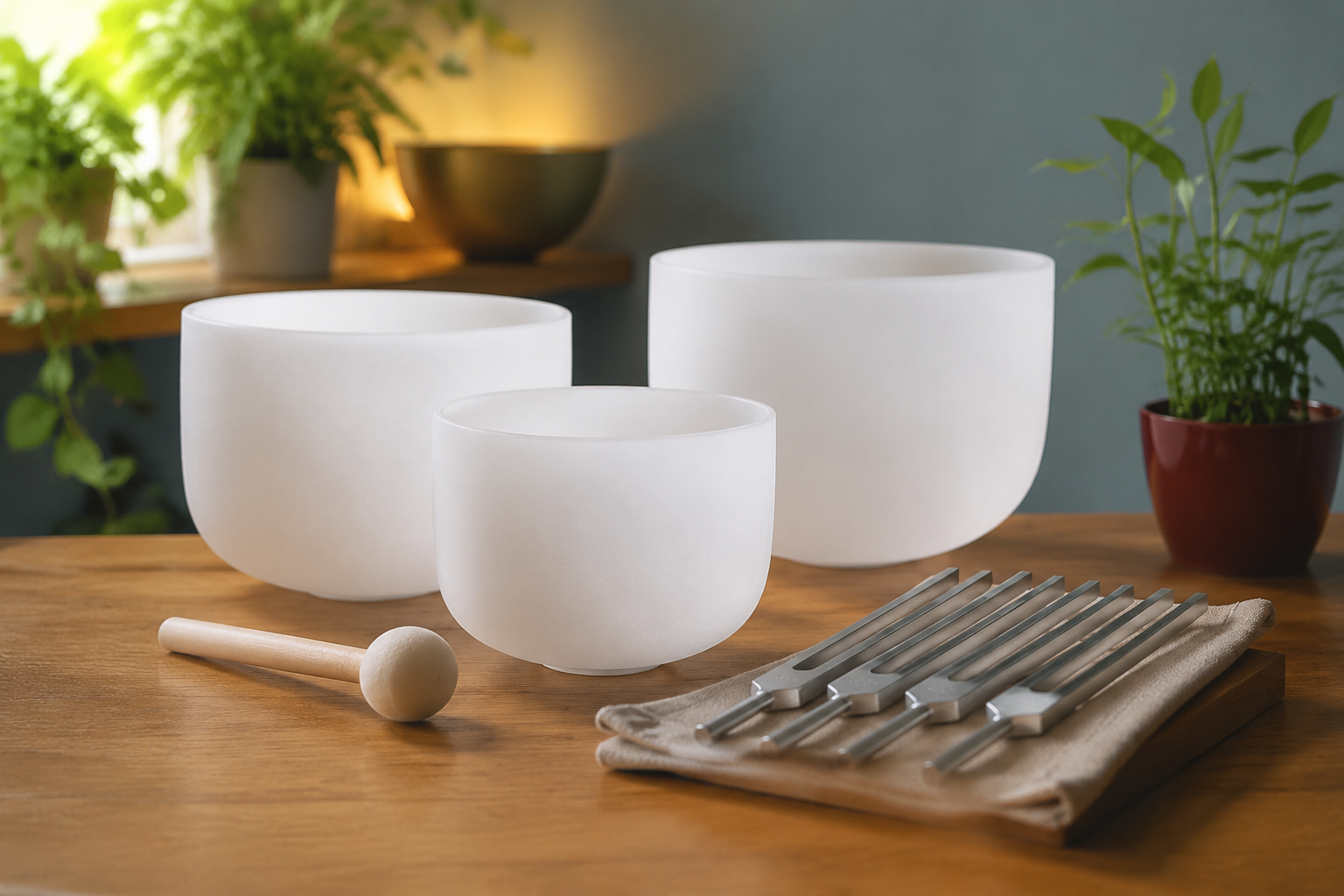 Three white singing bowls, a wooden mallet, and a set of tuning forks on a beige cloth on a wooden table, with potted plants and a shelf with a gold bowl in the background.