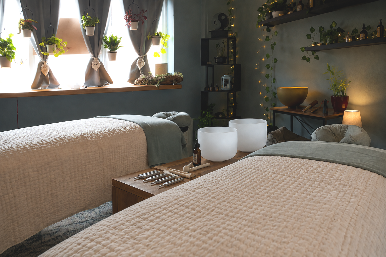 A massage or therapy room with two massage tables, decorative plants, hanging potted plants on a window sill, illuminated bottles on a wall shelf, two large white singing bowls, a small table with a lamp, and tranquil lighting creating a relaxing ambiance.