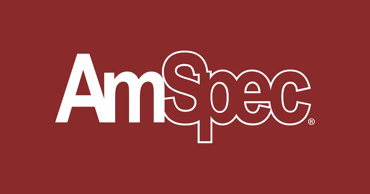 AmSpec logo with white and outlined letters on a red background.