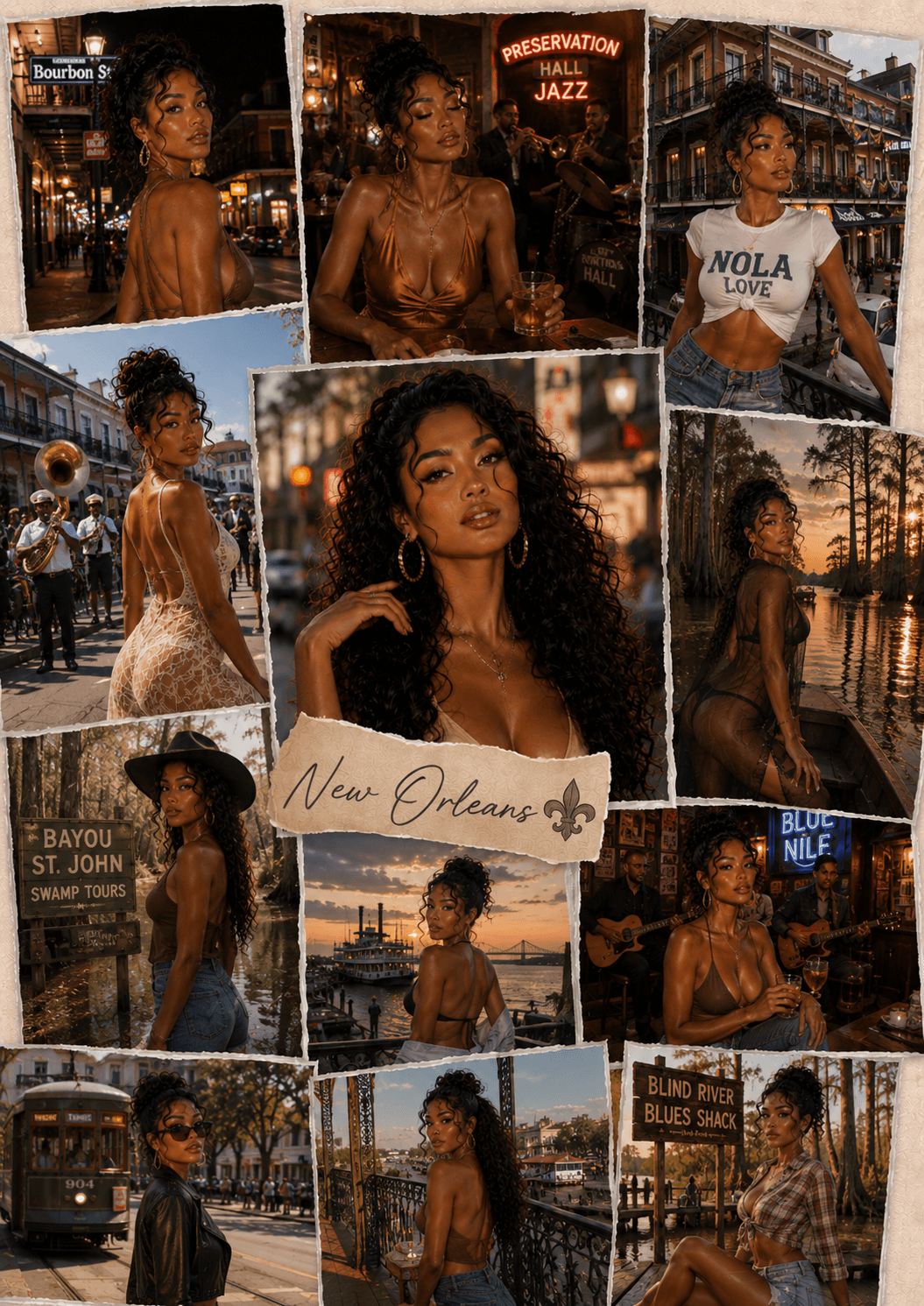 A collage of photos of a woman exploring New Orleans, including city streets, jazz performances, a river, and local landmarks, with warm sunset and night lighting.