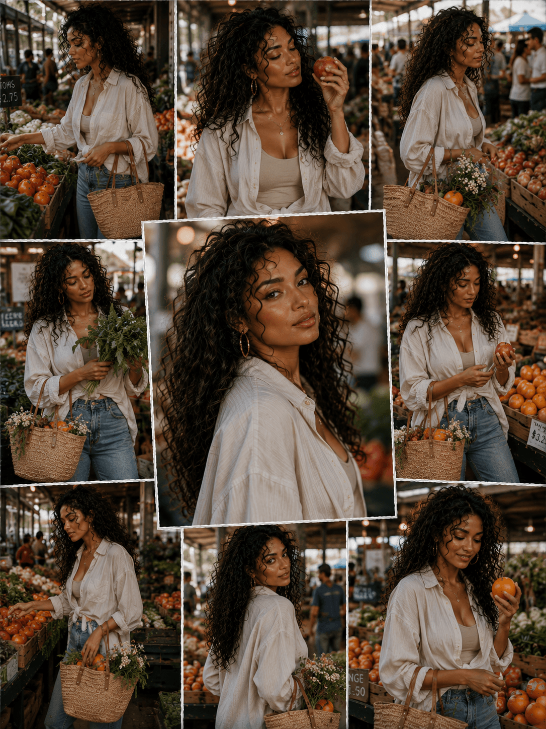 A woman shopping at an outdoor farmers market, holding a basket of flowers, and examining apples and oranges among other produce.