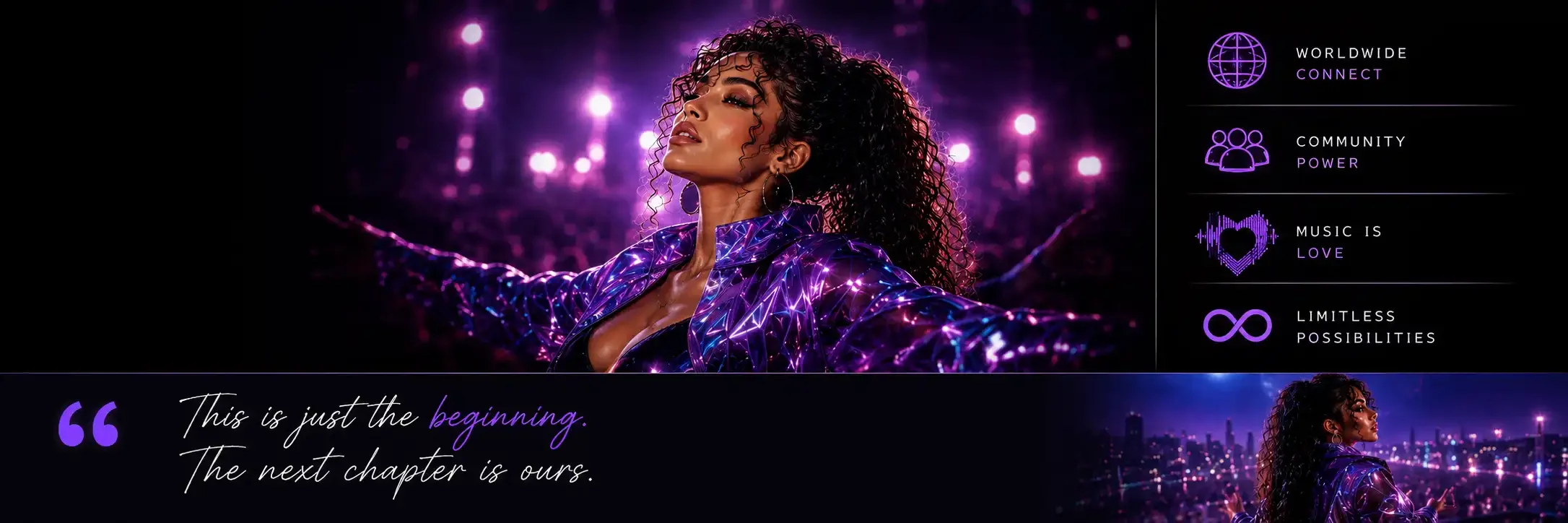 A woman with curly hair and hoop earrings wearing a shiny, purple, futuristic jacket, standing with her arms outstretched against a cityscape at night with purple lights. On the right side, there are icons with text: a globe labeled 'Worldwide Connect,' a group of people labeled 'Community Power,' a heart labeled 'Music is Love,' and an infinity symbol labeled 'Limitless Possibilities.' At the bottom, a quote reads: 'This is just the beginning. The next chapter is ours.'