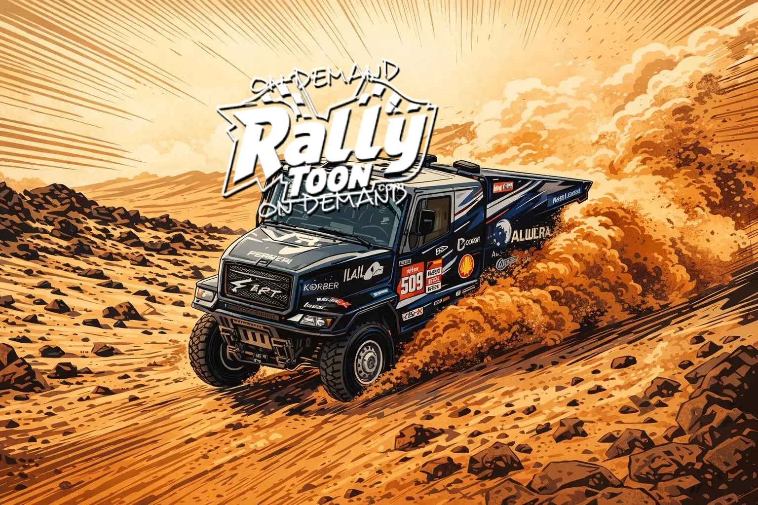 Special order from Russia - Illustration of a rally raid truck driving through a desert, kicking up dust, with a bright sky and rocky terrain in the background. Text overlay says 'Rally Toon On Demand'.
