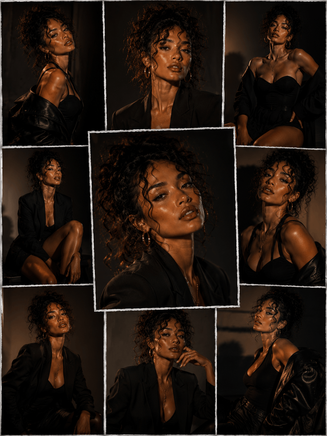 Collage of nine photos of a woman with curly hair, wearing black outfits and jewelry, posed indoors with dramatic lighting and dark background.