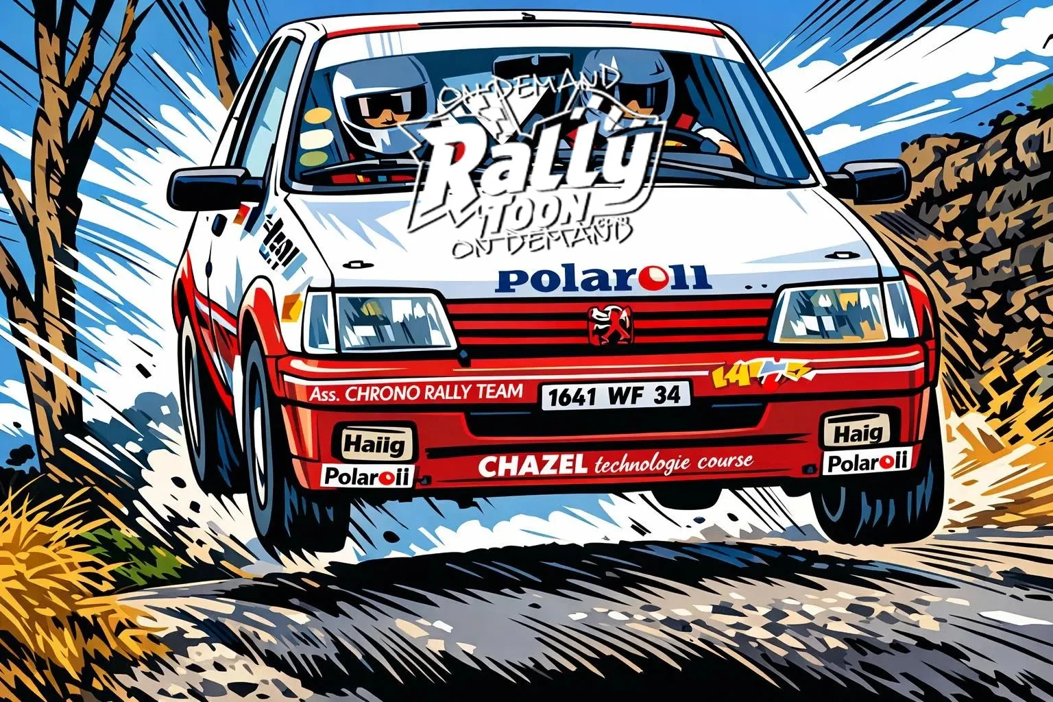 Special order from France- Illustration of a Peugeot 205 rally car racing on a dirt road with splashes of dirt and trees on the sides. The car is red and white with various sponsor logos and racing decals.