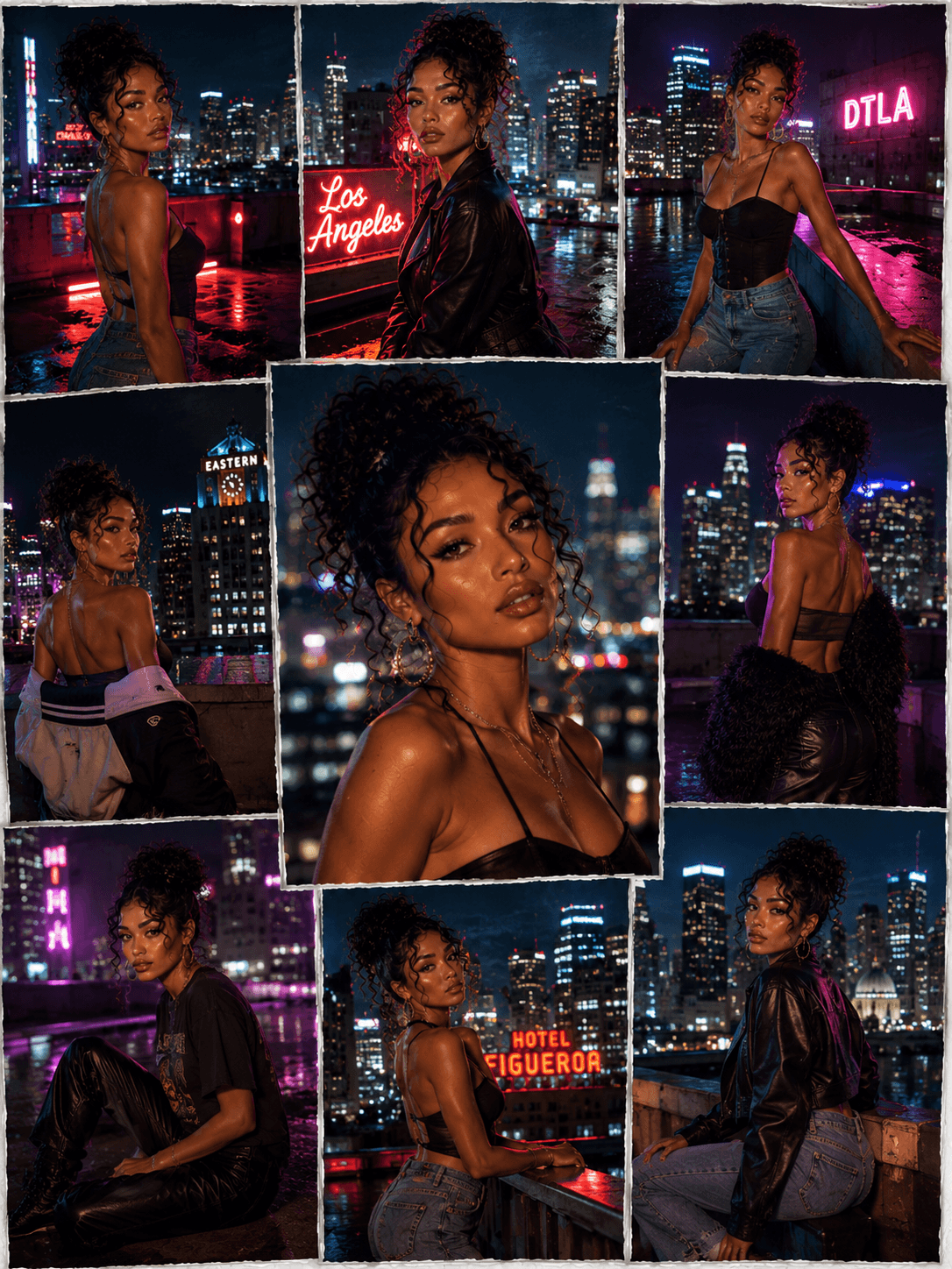 Collage of a woman with curly hair, wearing various stylish outfits, on a rooftop at night in Los Angeles, with city lights and neon signs in the background.