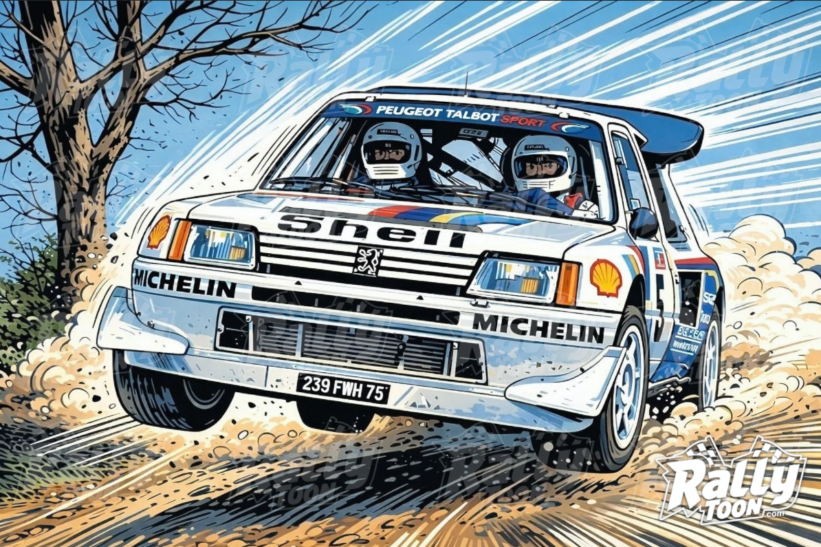 Animated rally car with racing stripes and sponsor logos, speeding on dirt road with dirt clouds and a tree in the background.