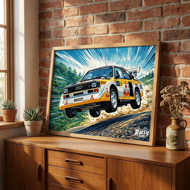 A colorful racing poster of a vintage Audi rally car with the number 3, jumping over a dirt road with dust flying, displayed on a wooden sideboard near a brick wall.