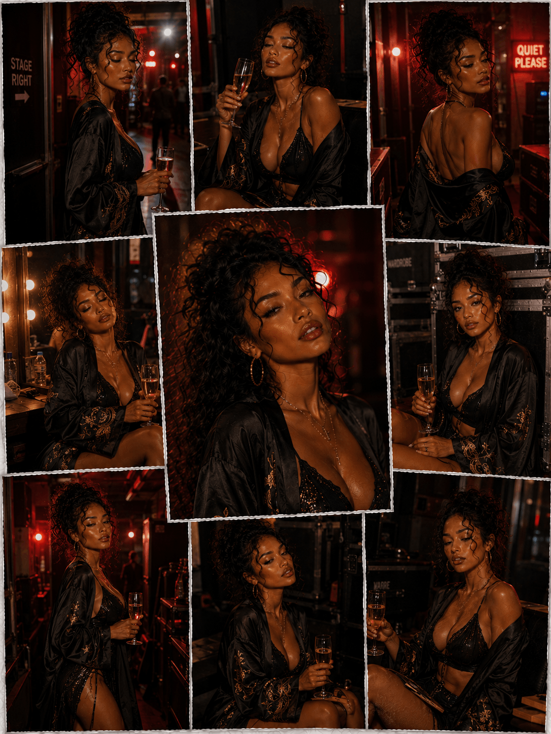 A collage of nine photos showing a woman with curly hair and gold hoop earrings, dressed in black lace lingerie and a satin robe with gold embroidery. She is holding a glass of champagne in various poses and expressions inside a dimly lit backstage o