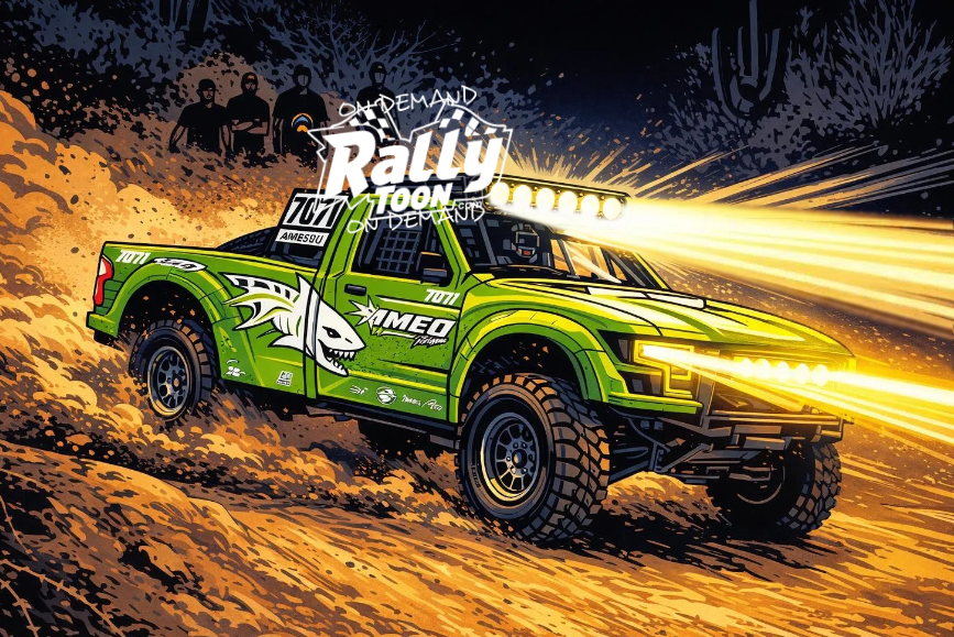 Special order from Mexico- A cartoon-style illustration of a baja truck , dirt track, with dust and rocks kicked up, under at night , with spectators in the background.