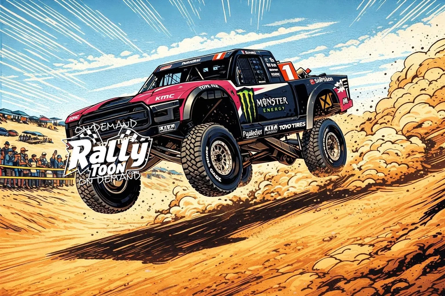 Special order from Mexico - A cartoon-style illustration of a trophy truck  mid-air over a dirt track, with dust and rocks kicked up, under a partly cloudy sky, with spectators and tents in the background.