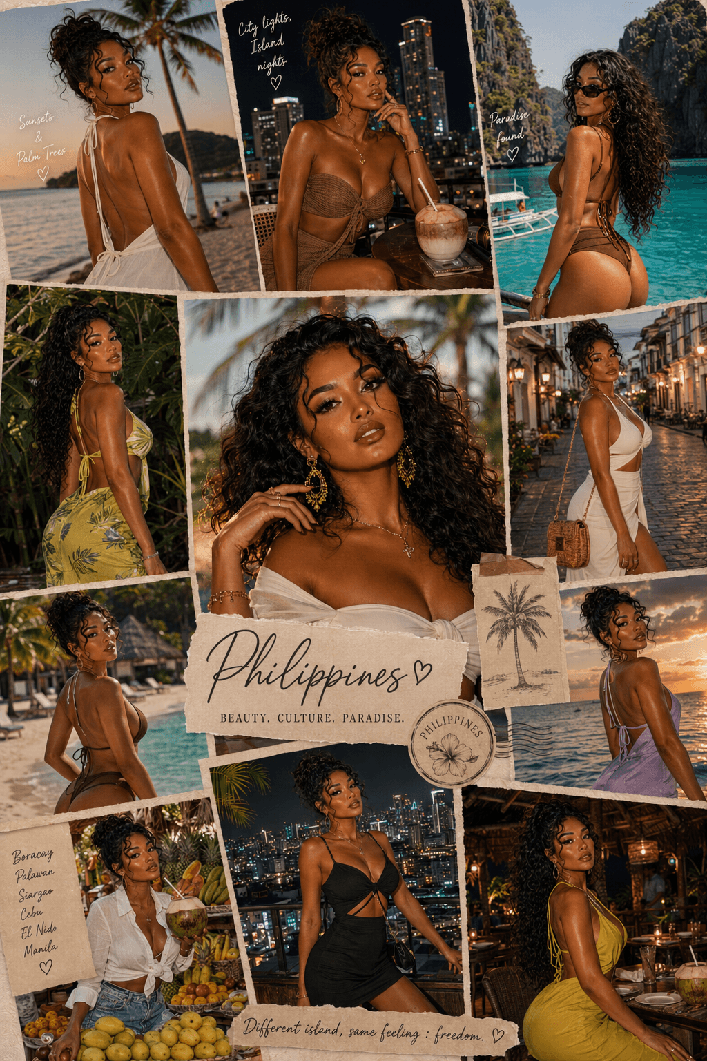 A collage of photos taken in the Philippines, featuring a woman in various tropical and urban settings, with beaches, cityscapes, and cultural elements. The collage includes handwritten notes and labels like "Sunsets & Palm Trees," "City Lights, Isla