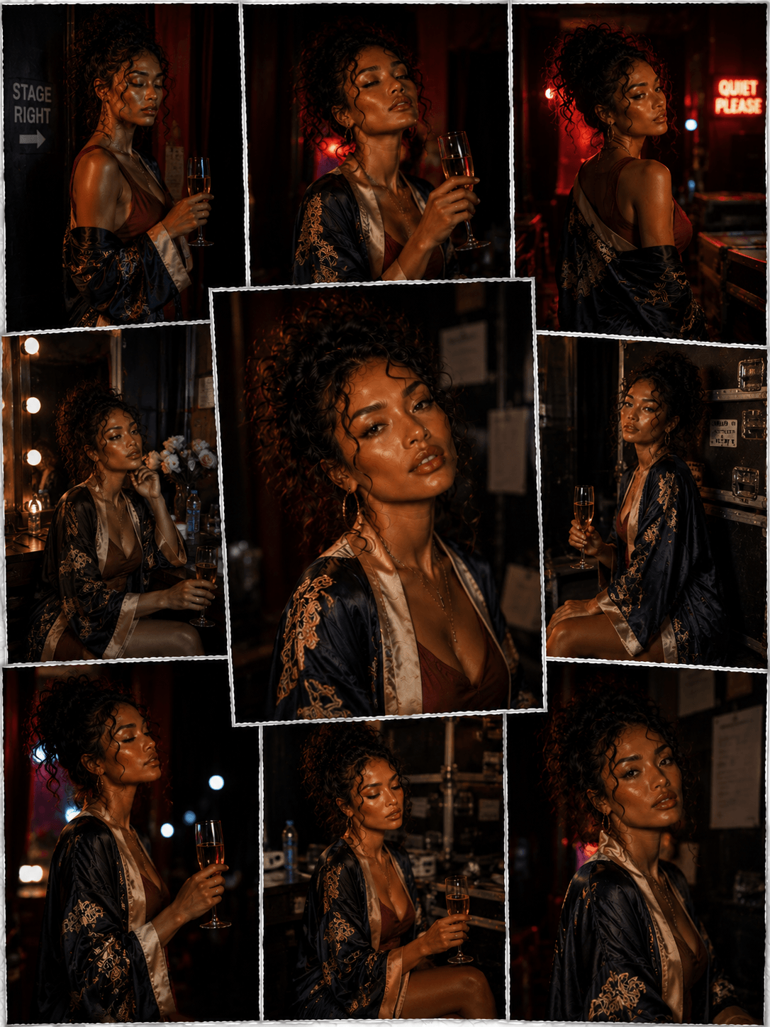 A collage of nine photos of a woman with curly hair, holding a glass of champagne, wearing a satin robe with gold embroidery, indoor setting with warm lighting, backstage or dressing room, various poses and facial expressions.