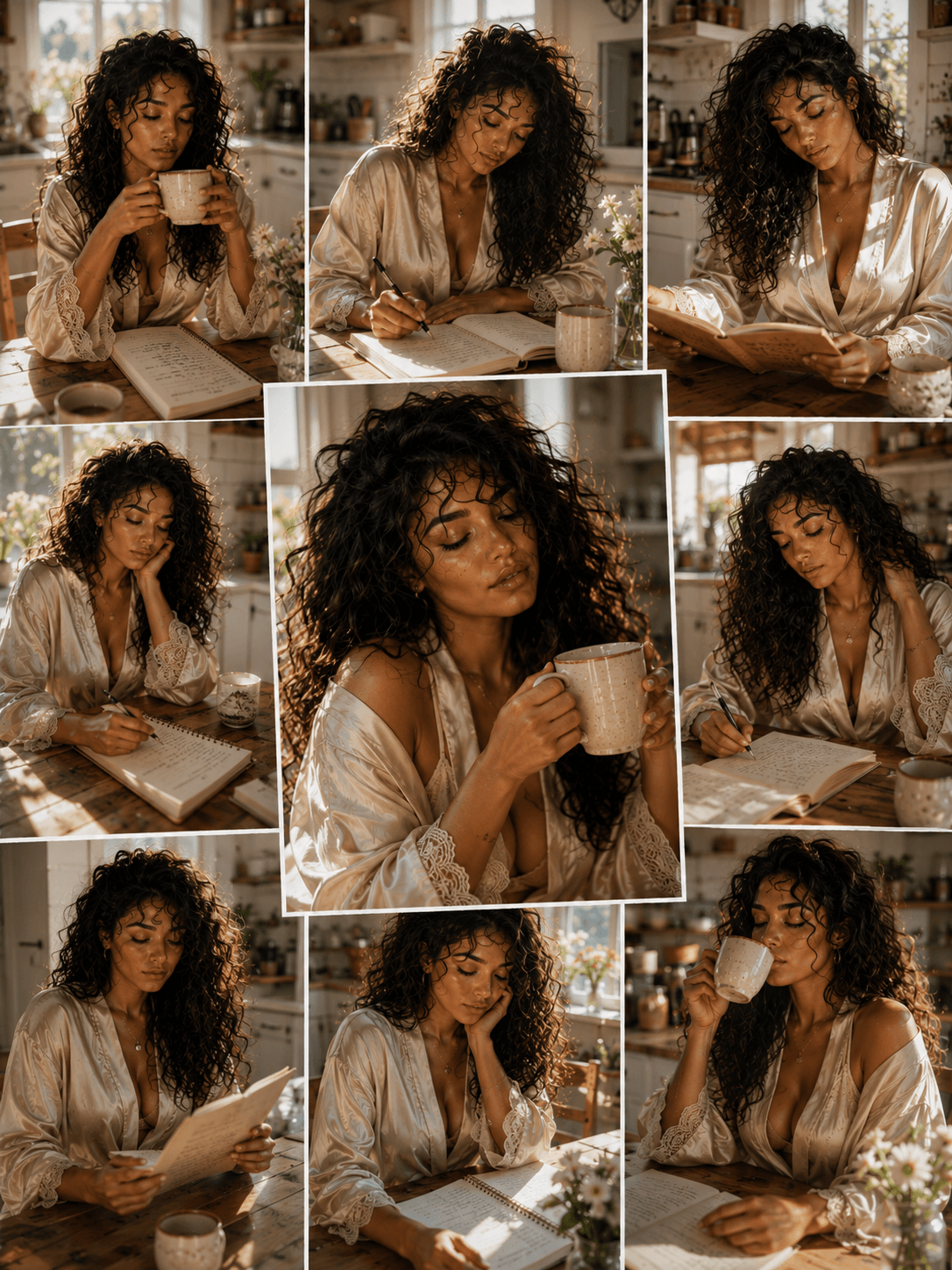 A collage of a woman with curly hair in a cozy kitchen, wearing a satin robe. She is engaged in various activities such as drinking coffee, reading a book, writing, and looking contemplative.