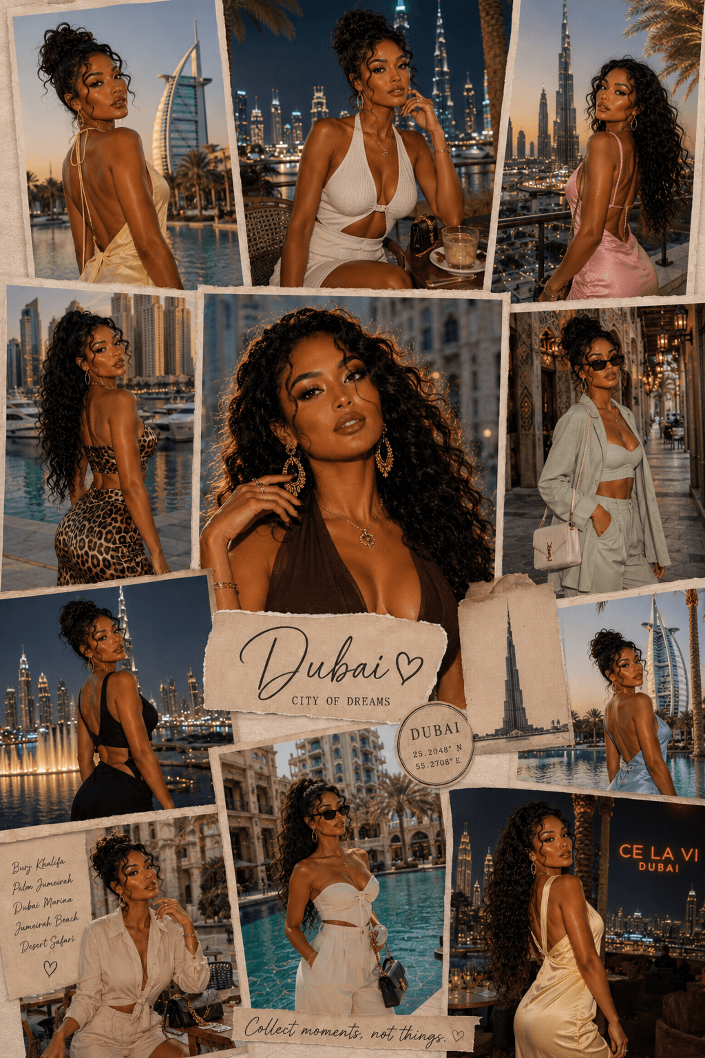 Collage of a woman in various stylish outfits and settings in Dubai, including cityscapes, luxury hotels, and the Marina, with text overlays 'Dubai City of Dreams' and sightseeing notes.