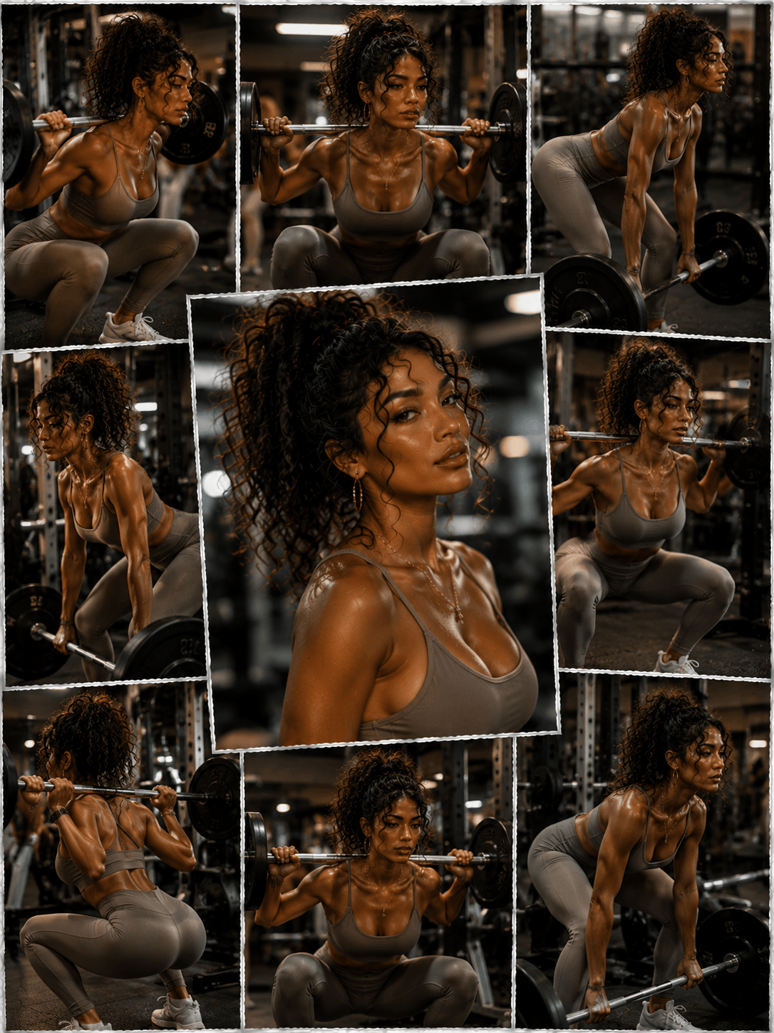 A woman with curly hair doing various weightlifting exercises in a gym, including squats and deadlifts, with a focused expression and wearing workout clothes.