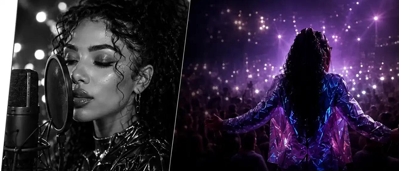 A black-and-white close-up of a woman singing into a microphone on the left, and a colorful concert scene with a woman facing away from the camera, raised arms, and bright purple and blue lights on the right.