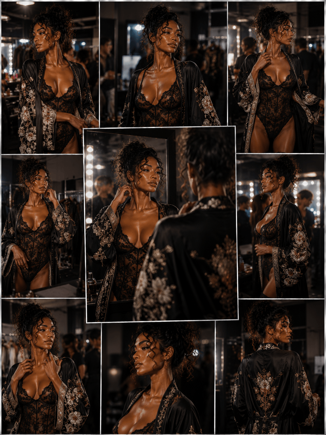 A woman in black lace lingerie and a matching embroidered robe poses in front of a mirror backstage at a fashion show, with makeup and styling in progress.