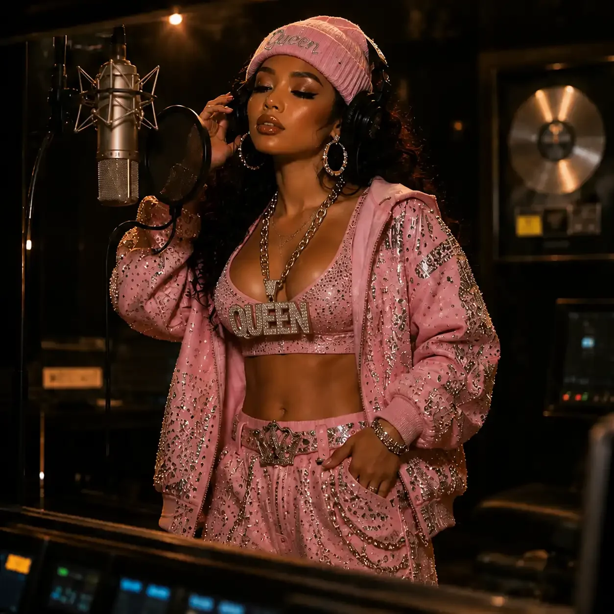 Woman recording vocals in a studio wearing a pink, embellished athletic outfit with a large "QUEEN" necklace, pink beanie, and large hoop earrings.