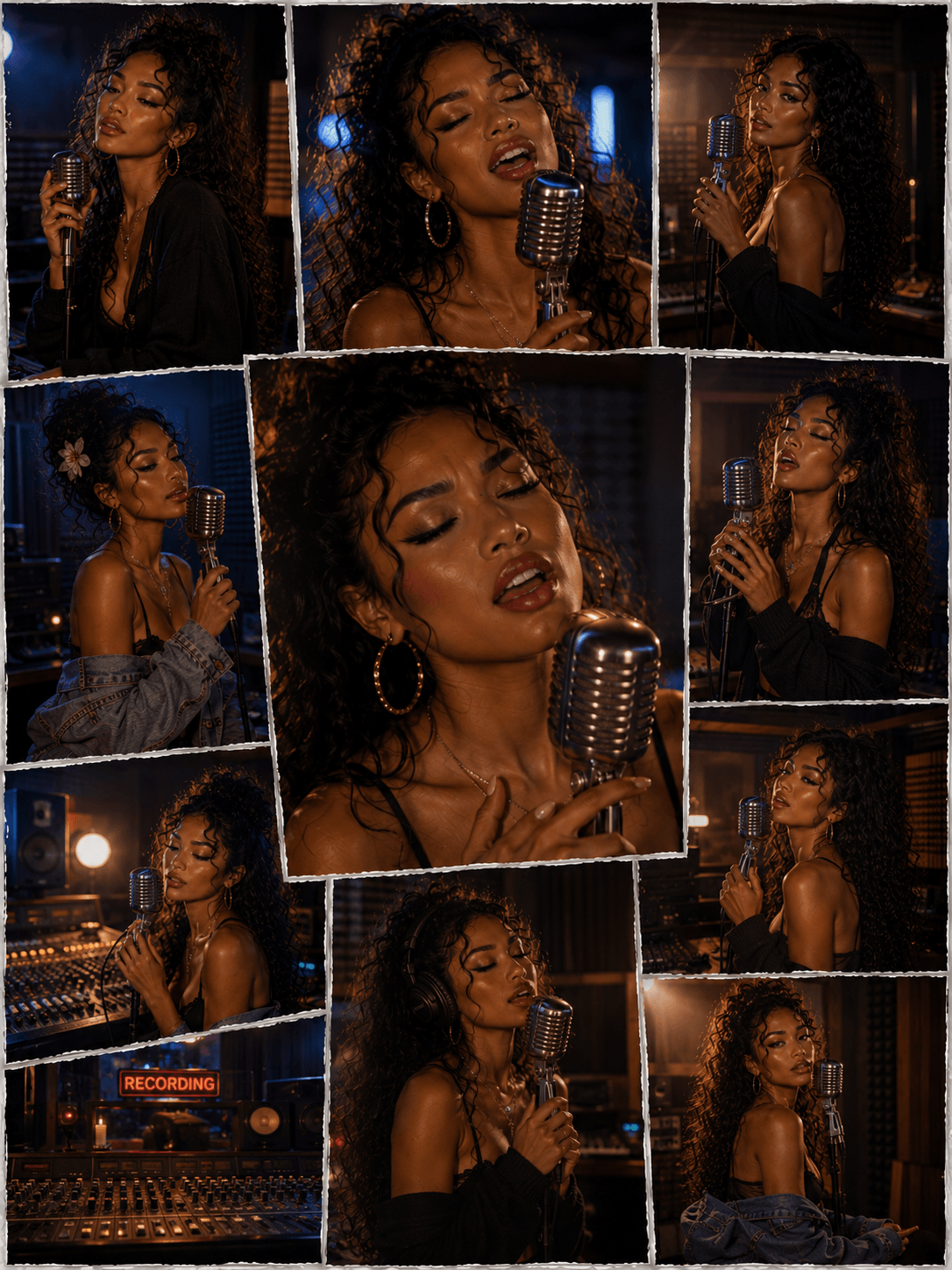 A woman singing passionately into a vintage microphone in a recording studio, with multiple close-up shots of her singing, showing different expressions and poses, wearing different outfits, with recording equipment and mood lighting in the backgroun