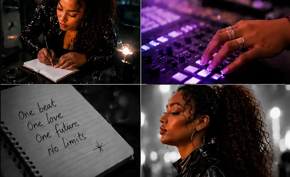 A collage of four images: a woman writing in a notebook, close-up of a person's hand on a music mixer, handwritten lyrics in a notebook, and a woman with curly hair and hoop earrings at night.