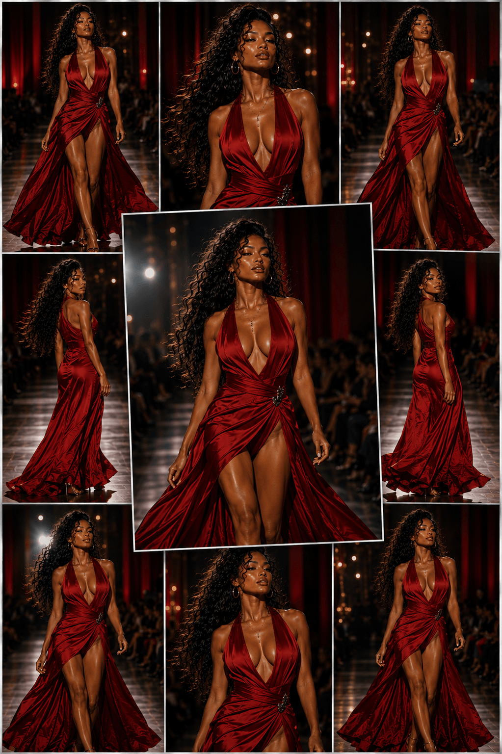 Fashion model walking on runway in a red satin gown with a deep V neckline and high slit, audience blurred in background.