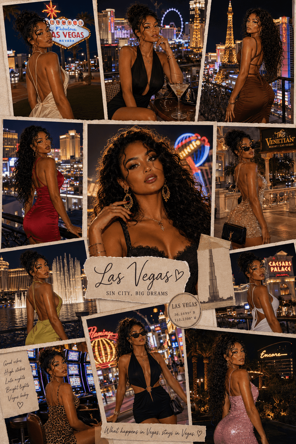 Collage of a woman in various outfits at night in Las Vegas, featuring iconic landmarks and bright city lights, with a central caption "Las Vegas ¤ Sin City, Big Dreams."