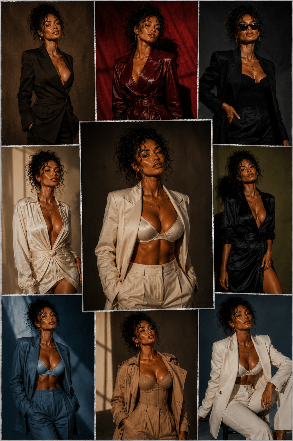 A collage of nine photos of a woman with curly hair wearing various stylish outfits, including blazers, trench coats, and lingerie in different colors and settings.