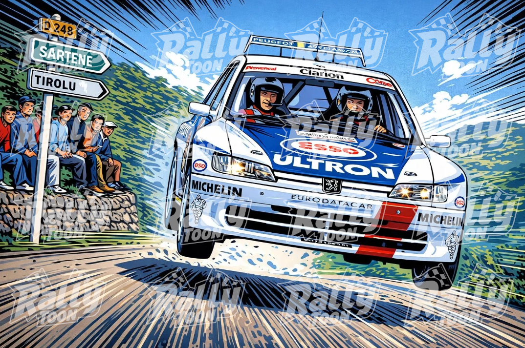 A Peugeot 306 Maxi racing on a dirt road with spectators watching from the side. The car is in mid-air, surrounded by a scenic landscape with trees and a partly cloudy sky.