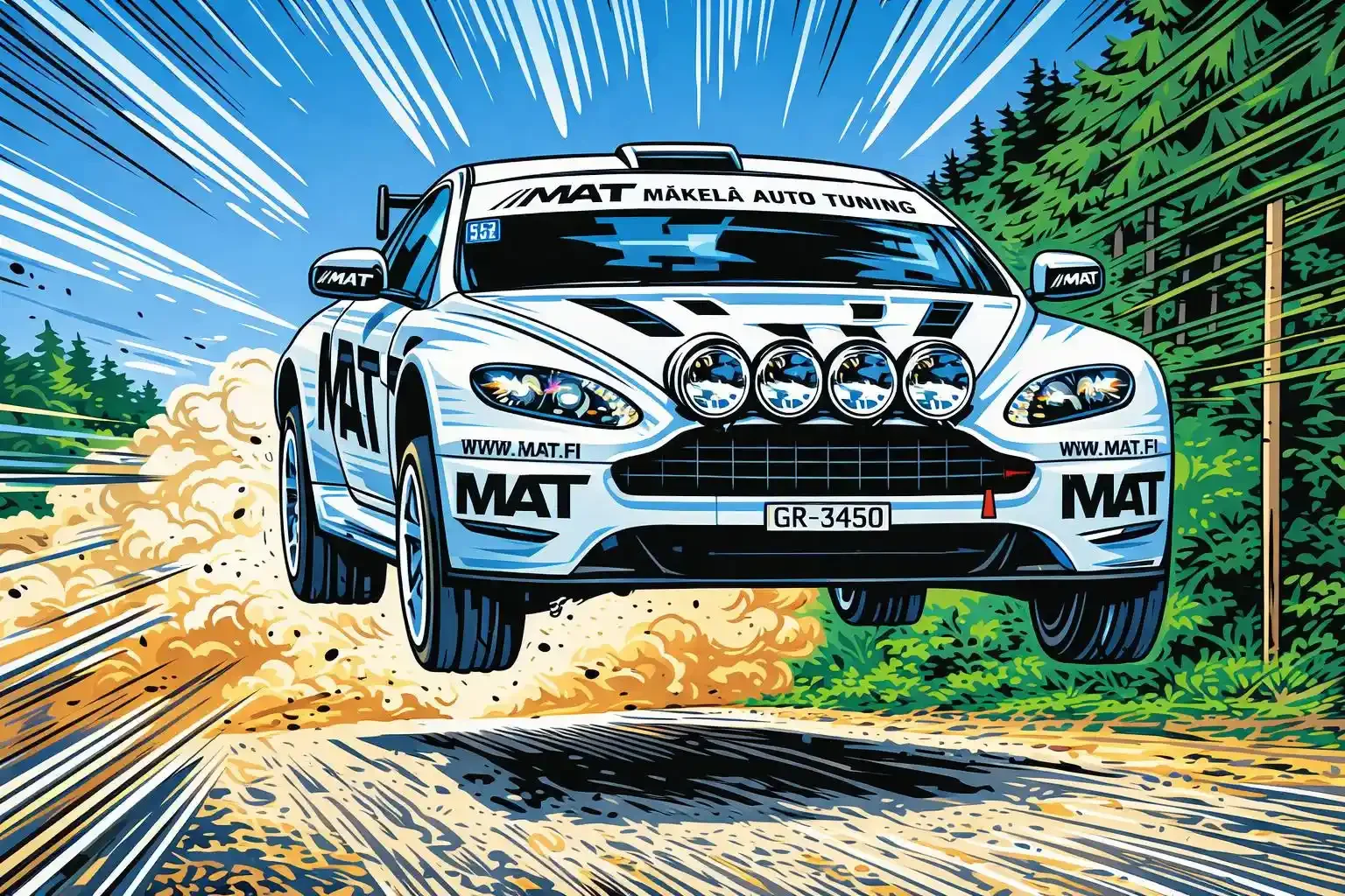 A rally car speeding on a dirt road, with dust flying behind it, surrounded by green trees and a blue sky with white streaks.
