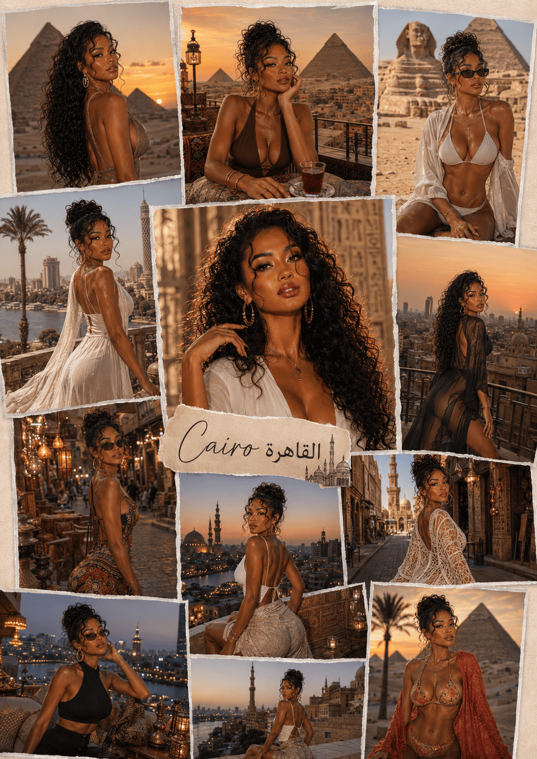 A collage of a woman traveling in Cairo, Egypt, featuring iconic landmarks like pyramids, sphinx, and cityscape during sunset. She appears in various outfits, enjoying scenic views, traditional markets, and city streets.