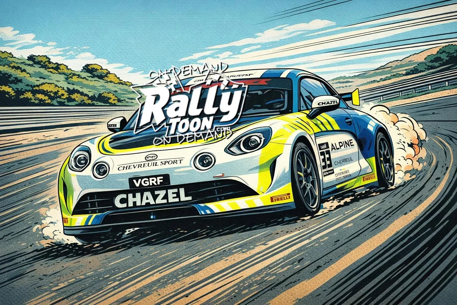 A special order from France- A colorful illustrated racing car on a track with trees and hills in the background, with the text 'Rally Toon On Demand' overlaid.