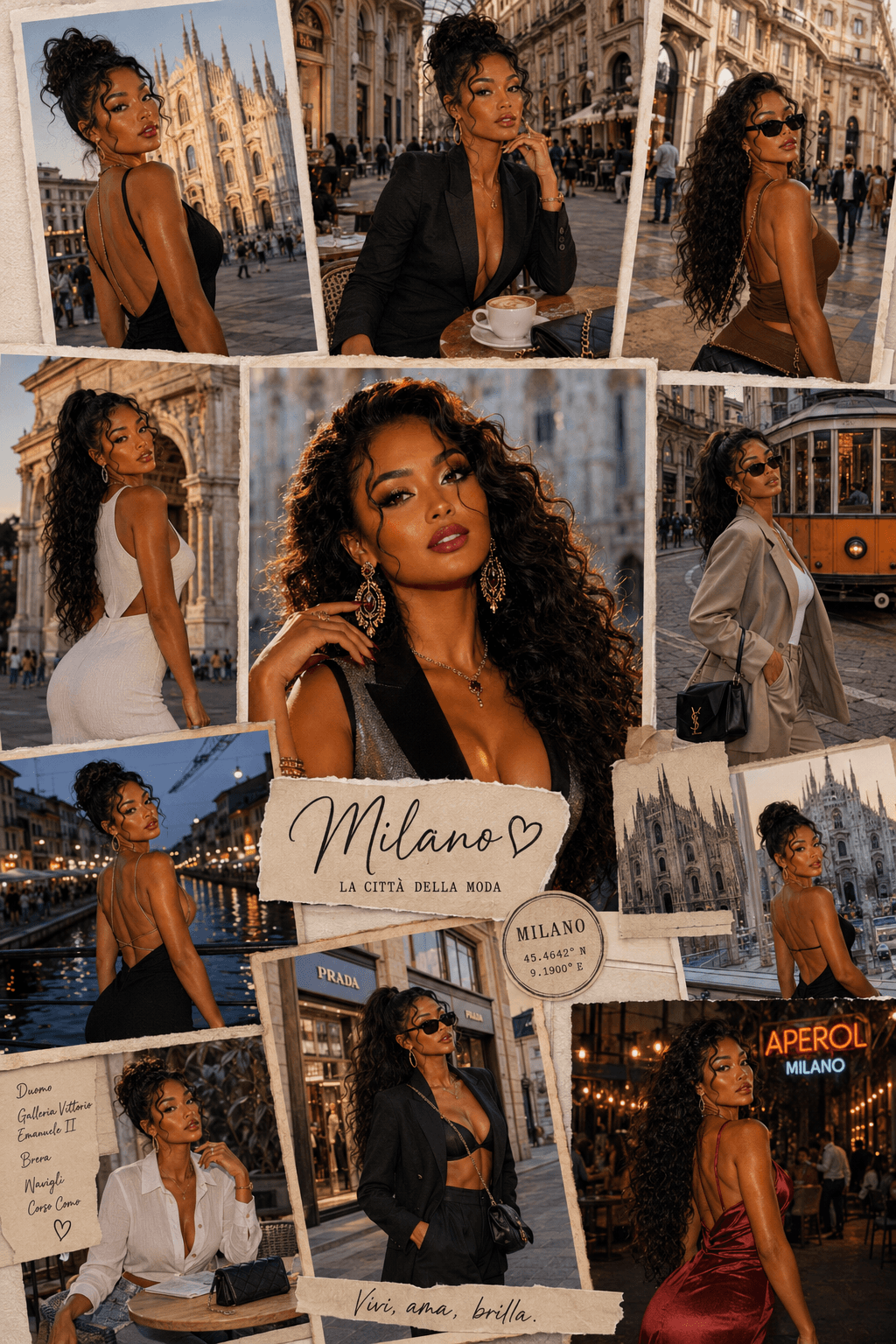 Stylish woman posing in various locations around Milan, Italy, including historic landmarks, outdoor cafes, and fashion boutiques, during sunset and nighttime.