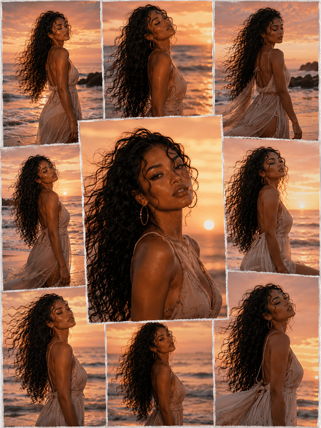 Collage of a woman with long curly hair wearing a beige dress, posing on a beach during sunset with the ocean and sky in the background.