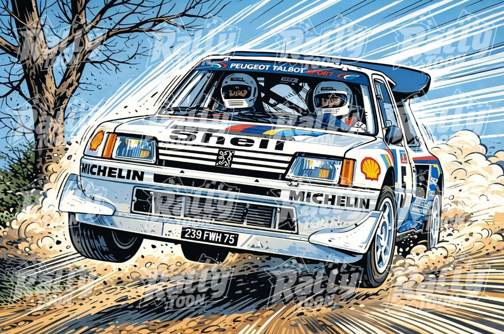 Peugeot 205T16 rally car racing on a dirt road with dust and debris, driven by two drivers in racing helmets, with a leafless tree and blue sky in the background.