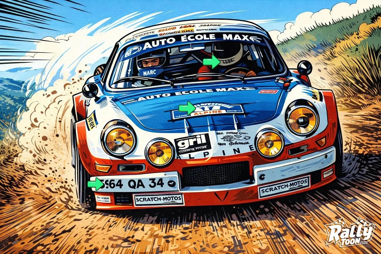 A colorful rally car speeding on a dirt road, with dust and gravel flying behind it. The car has multiple sponsor stickers and a front license plate reading '64 QA 34'. The image has a cartoonish style with the Rally Toon logo at the bottom right corner.