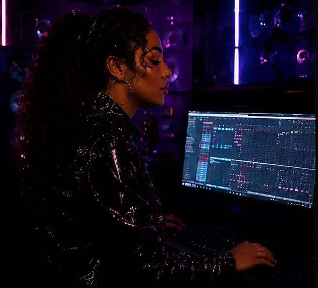 Woman with curly hair and hoop earrings wearing a shiny black jacket working on a computer with music production software, in a dark room with purple neon lights.