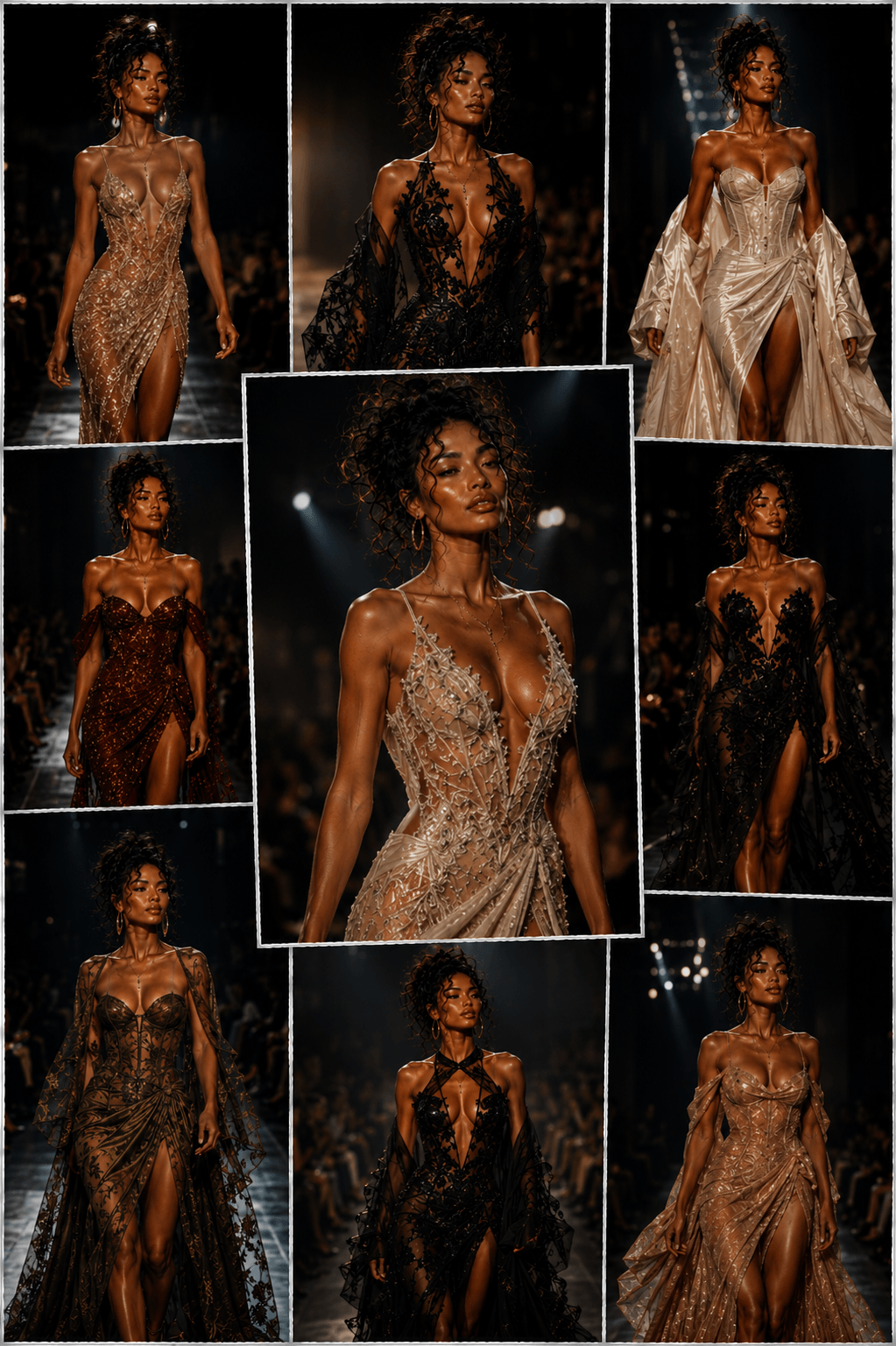 A collage of female models walking the runway at a fashion show, wearing elaborate and glamorous evening gowns in various colors and designs.
