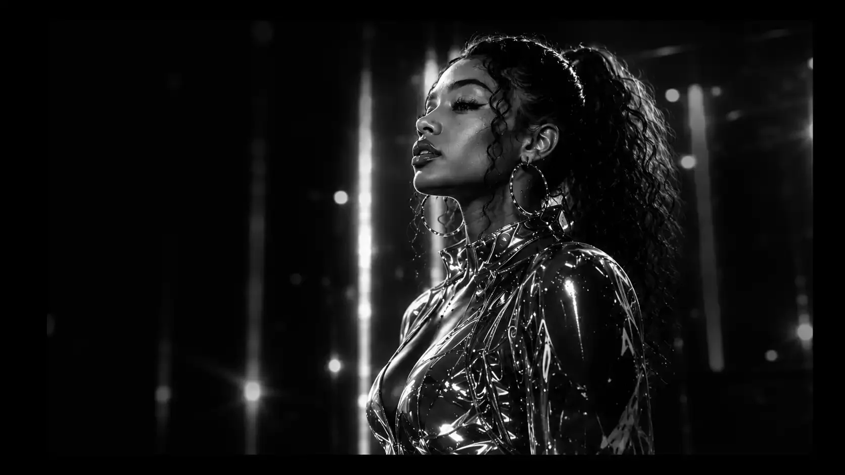 A woman with curly hair and hoop earrings wearing a shiny, metallic outfit in a dark, reflective environment with bright light streaks.
