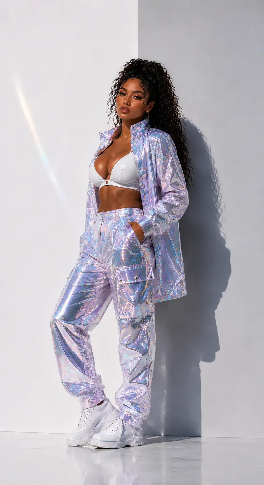 A woman with long curly hair wearing holographic matching jacket and pants, white bra, and white sneakers standing against a plain wall.