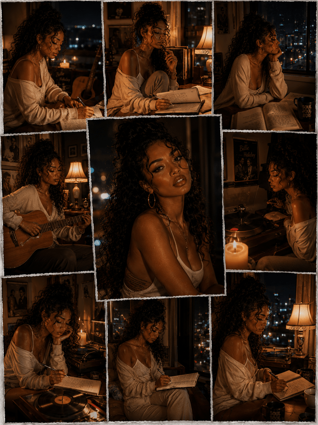 A collage of nine photos featuring a woman with curly hair in a cozy apartment at night. She is engaged in activities such as reading, writing, playing guitar, and listening to music. The room is decorated with posters, warm lamps, and candles, with 