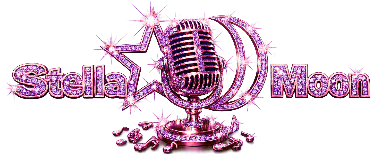 A polished, pink gemstone sign that reads "Stella Moon" with a vintage microphone, a star, and a crescent moon, accompanied by musical notes and sparkling effects.