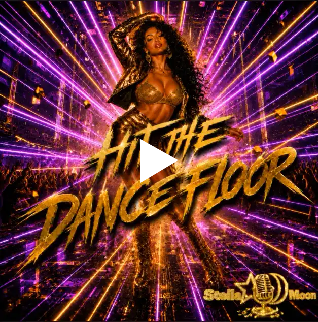Promotional poster for 'Hit the Dance Floor' featuring a woman in gold outfit with curly hair, vibrant purple and gold background with a crowd at the bottom, and a Studio Moon logo with microphone icon.