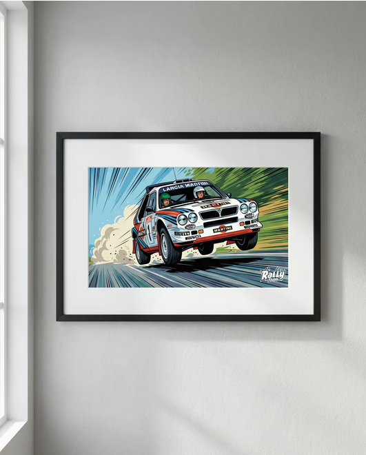 Framed illustration of a rally car racing on a dirt track with dust behind it, set against a colorful, comic-style background.