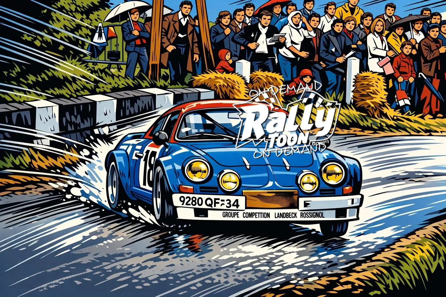 Special order from France- A cartoon-style illustration of an Alpine a110 rally car racing on a wet road with a crowd of spectators watching from the side, some holding umbrellas. The car is blue with yellow headlights and racing decals. The backgrou