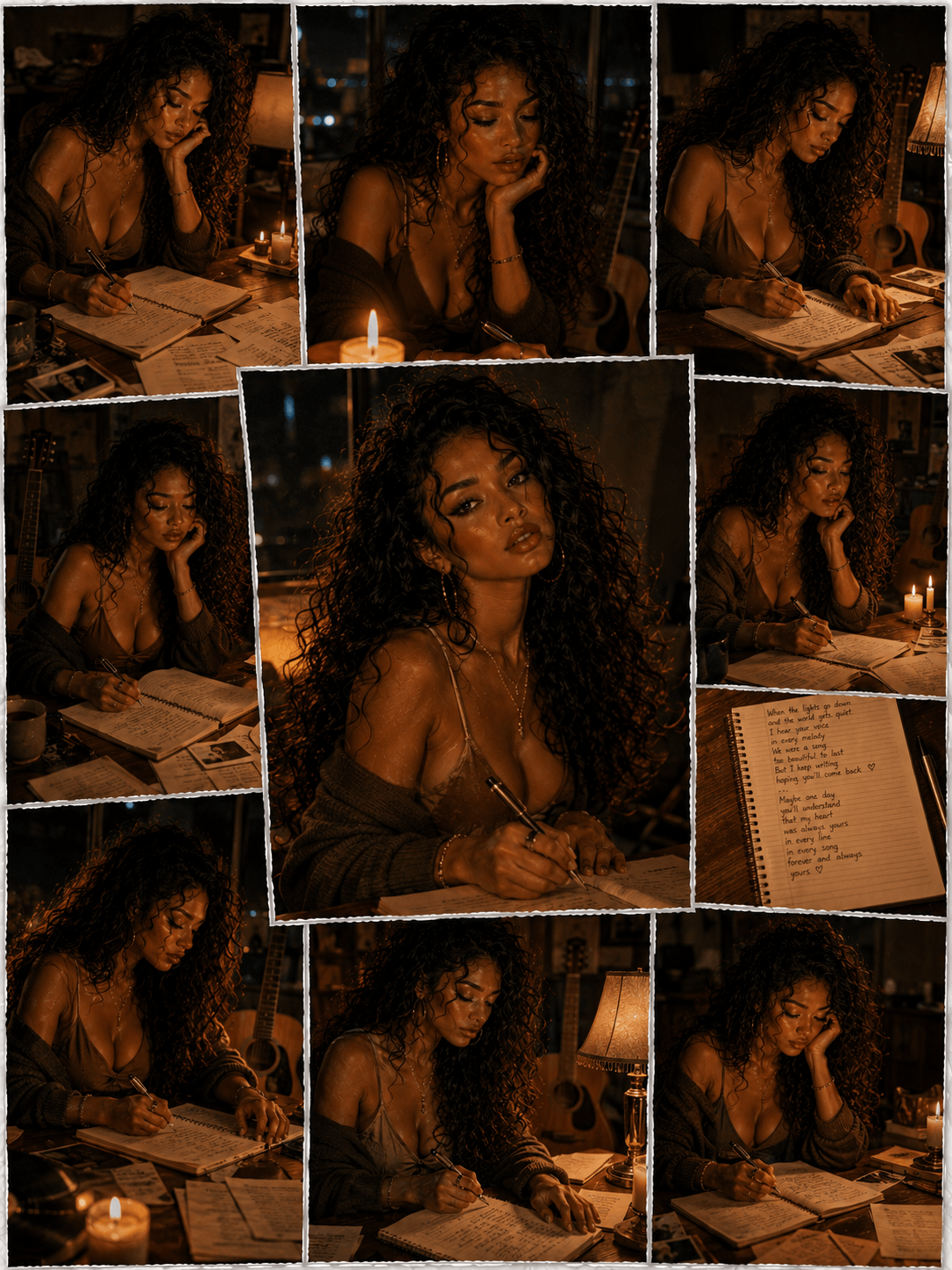 A woman with curly hair writing in a notebook at a dimly lit, cozy indoor setting with candles and guitars in the background.
