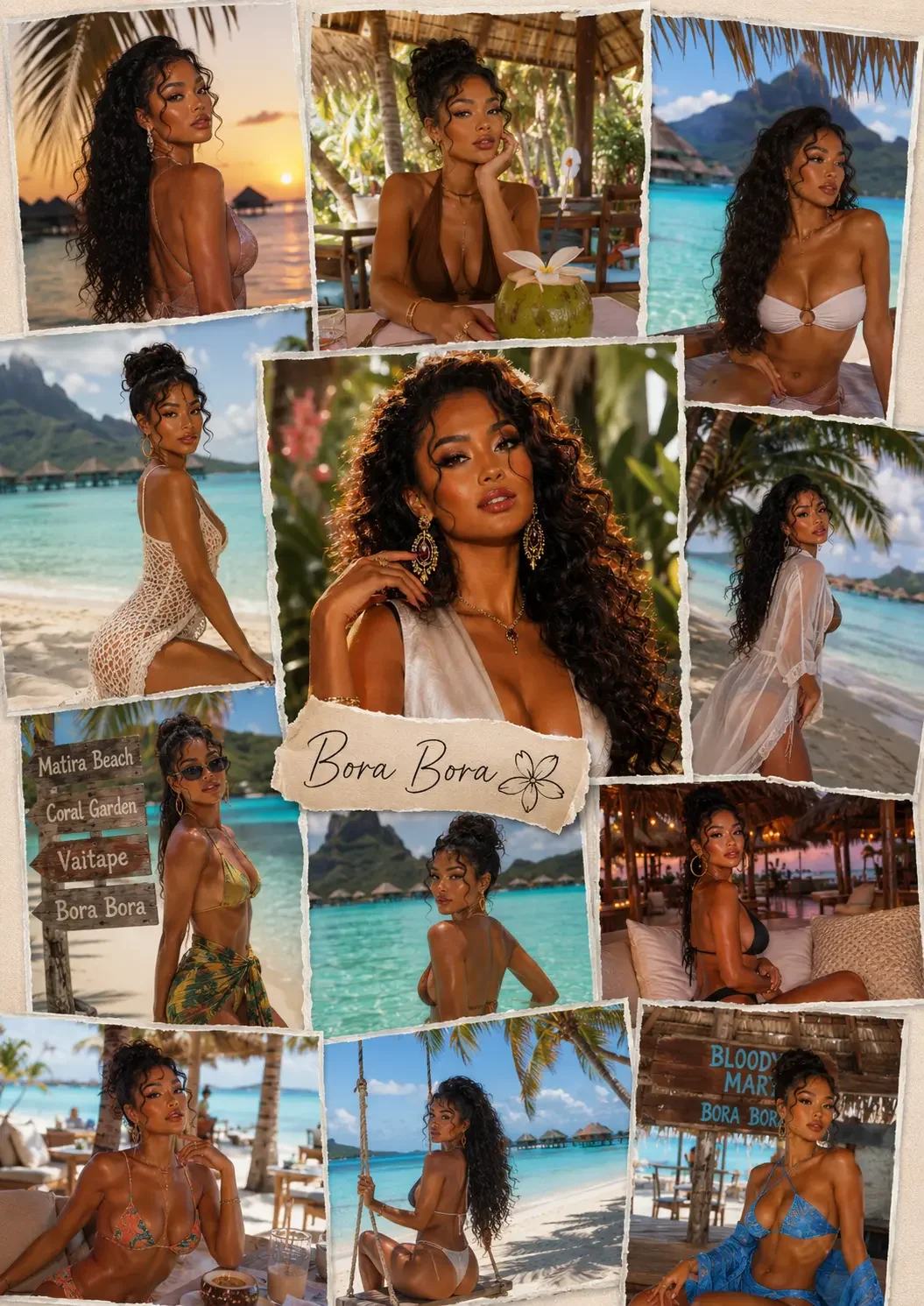 A collage of photos featuring a woman with long curly hair at Bora Bora. The scenes include beach, pool, tropical greenery, and resort settings. She is dressed in various swimsuits and beachwear, often with jewelry, and poses in front of overwater bu